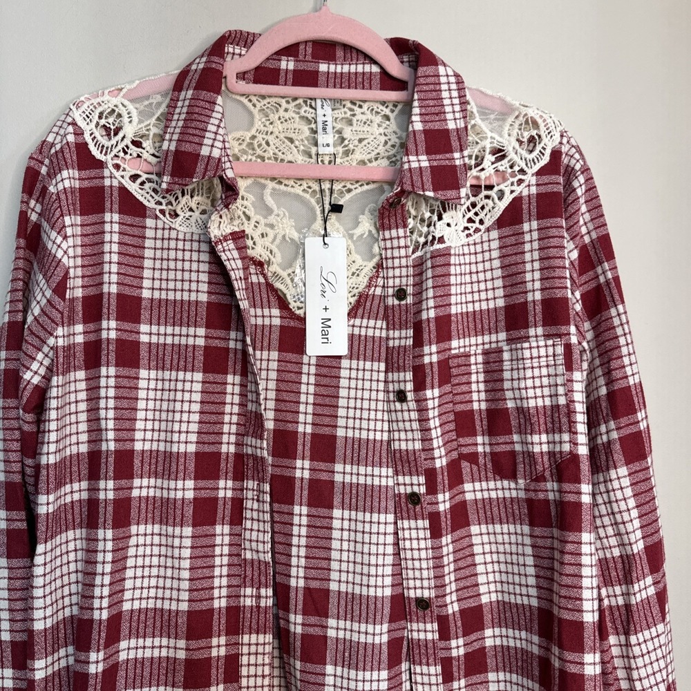 Lori + Mari Red Plaid Lace Yoke Shirt Cowgirl Western Button Down NWT L - Picture 13 of 14